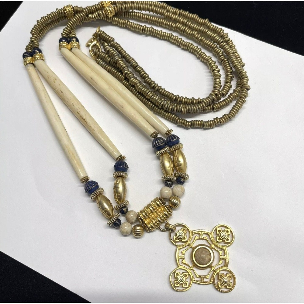 Vintage Robert Rose Maltese Cross Gold Tone Faux Bone Etruscan Necklace 90s